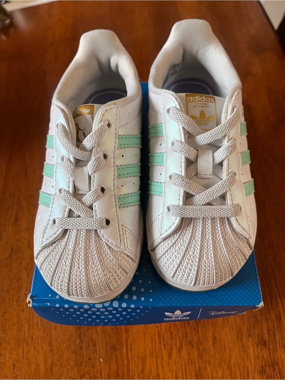 adidas Kids White Sneakers with Mint Green Stripes Disney Little Mermaid